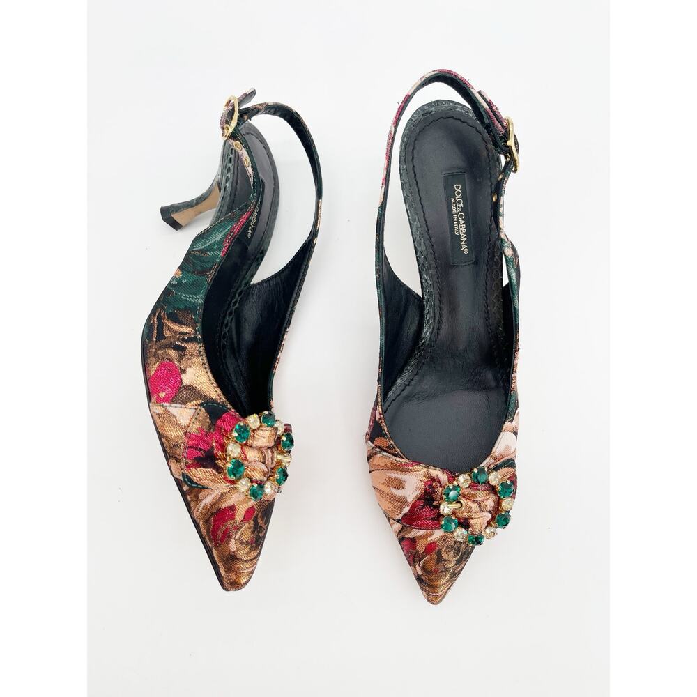 Dolce & Gabbana Floral Brocade Crystal Pointed Toe Slingback Heels IT 37